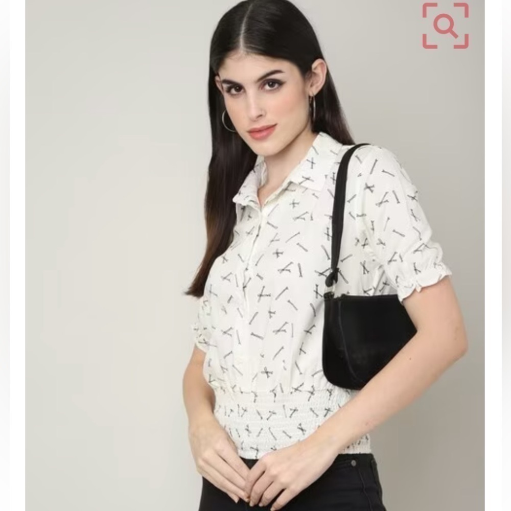 Bobby Pin Pattern Printed Shirt With Smocked Waist Size L Off White & Black